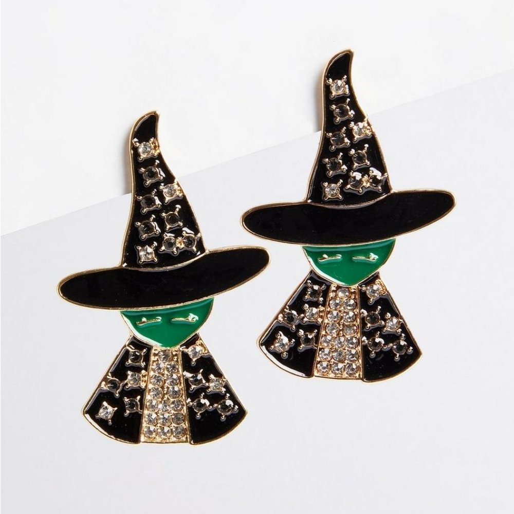 NEW Torrid Witch Hanging Earrings Stud Back Rhinestone Jewel Halloween Witchy